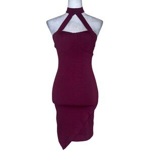 Oboe Burgundy Halter Asymmetrical Front Pullover Mini Dress Barbiecore Sexy Sm